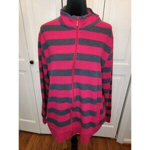 Pink/Gray Striped Zip Up French Terry Funnel Neck 1X Sporty Athleisure Preppy